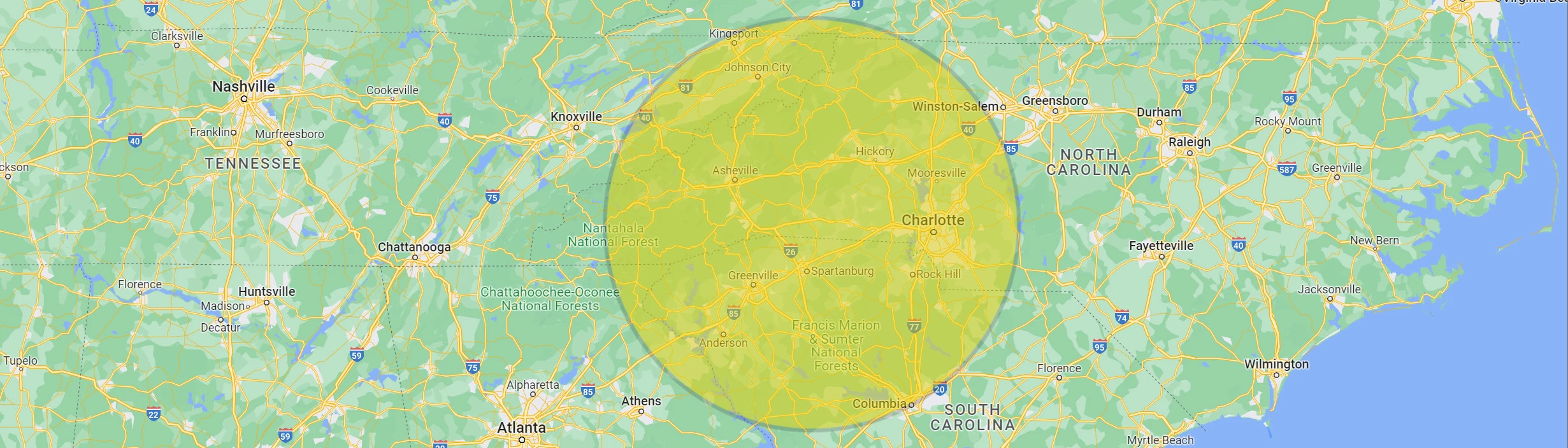 Newton's Welding Service Area Map - 100 Mile Radius from Forest City, NC